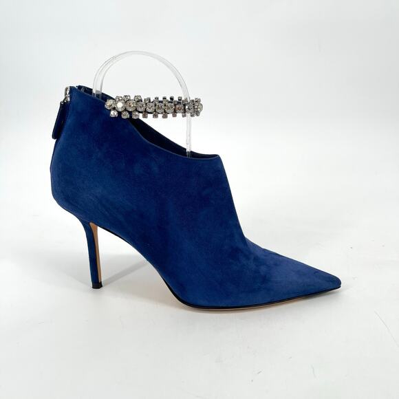 Jimmy Choo Blaize 100 Navy Blue Suede Ankle Bootie Crystal Strap size IT 37 - Picture 2 of 12